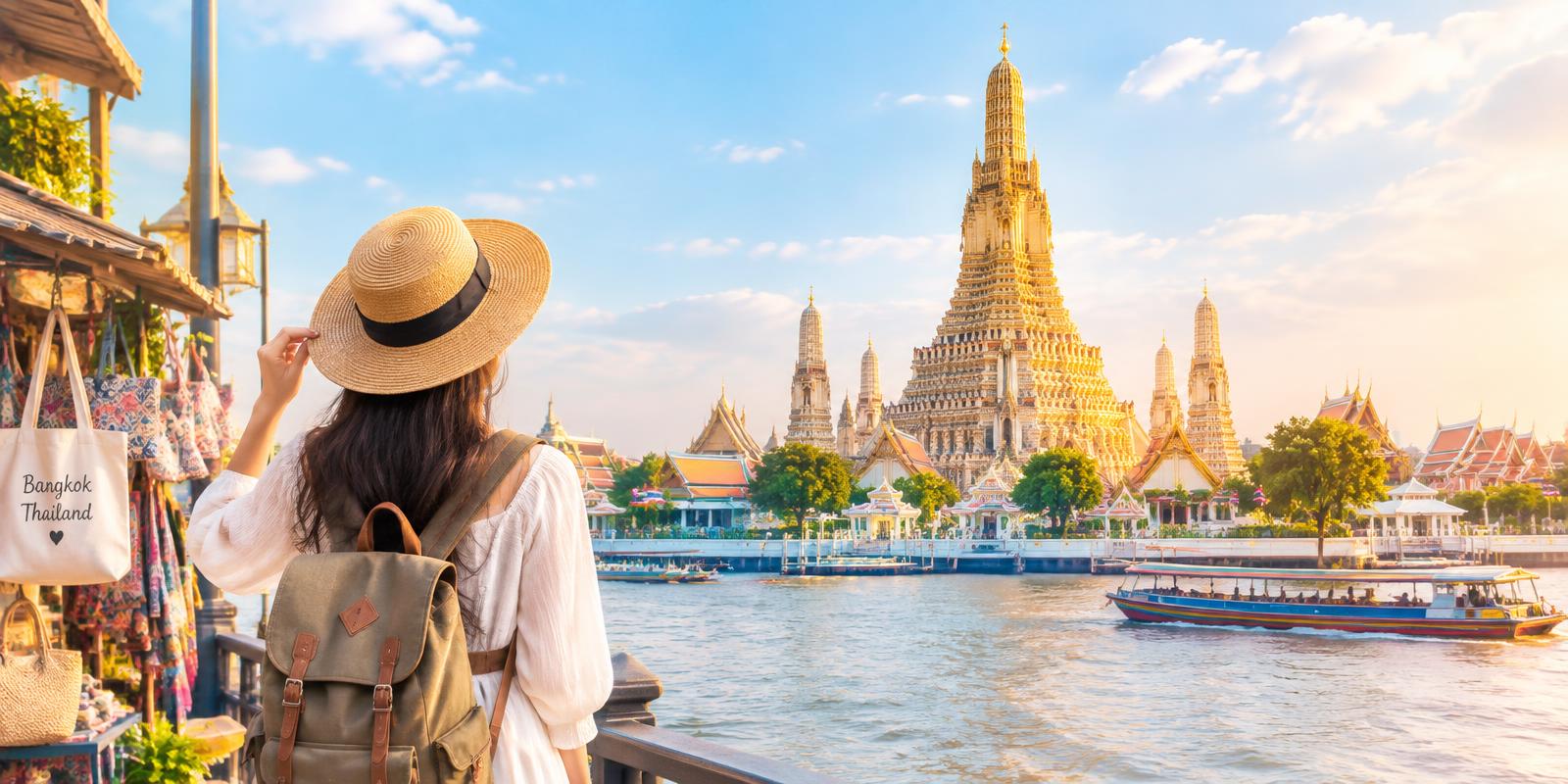 Traveler di depan Wat Arun, Bangkok